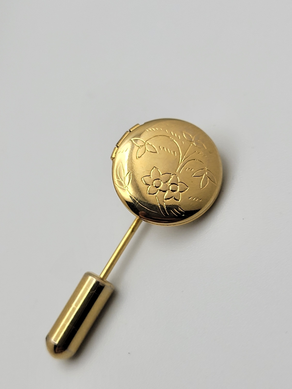 Vintage Gold Tone Floral Engraved Locket Stick Pin Brooch